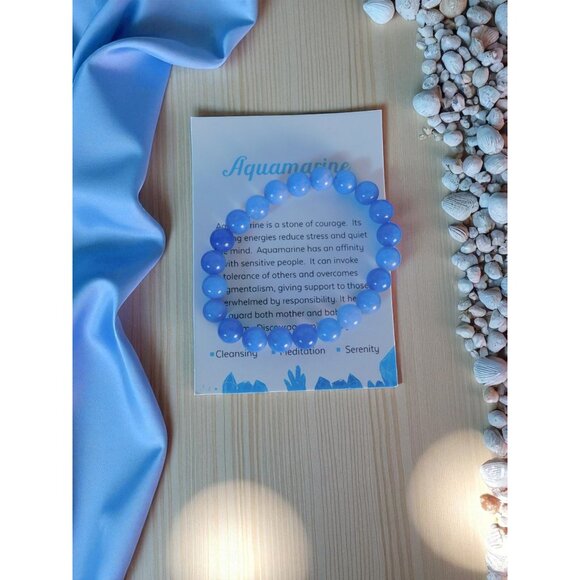 Aquamarine Bead Bracelet Stretch Calming Stone Meditation Cleansing Serenity Yog - Picture 1 of 12